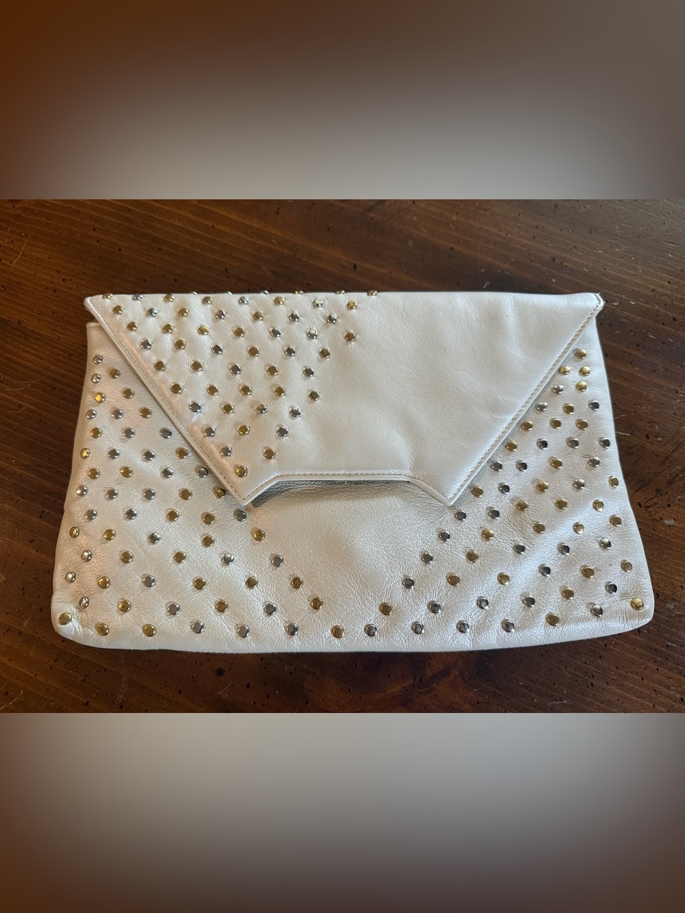 Ruth Saltz Vintage Studded White Leather Envelope Clutch